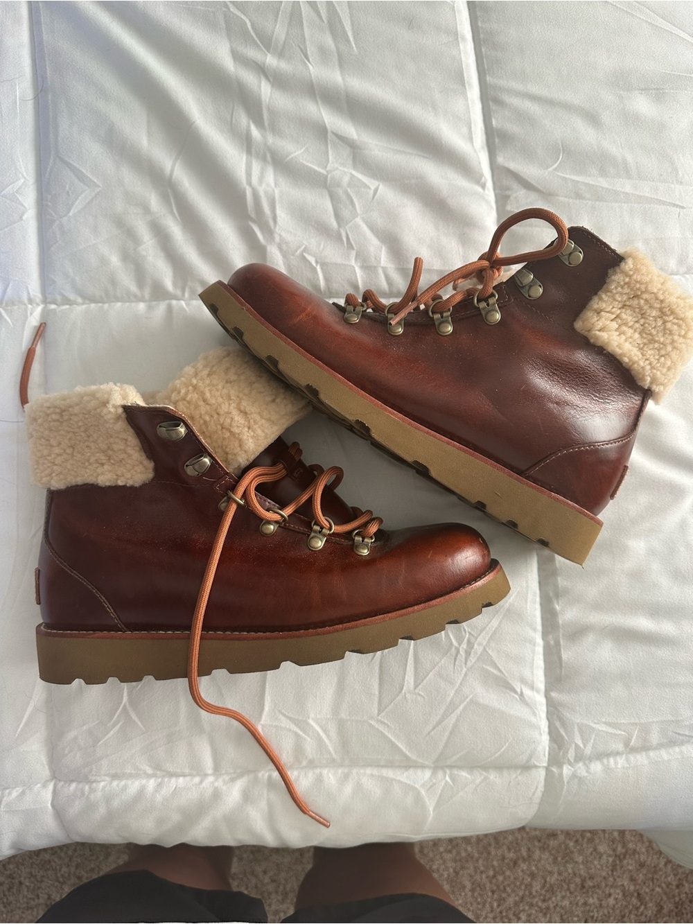 UGG Chestnut Leather Shearling Collar Lace-Up Ankle Boots